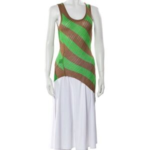 Petar Petrov Silk Green and Brown Diagonal Stripe Tank Dress with White Skirt